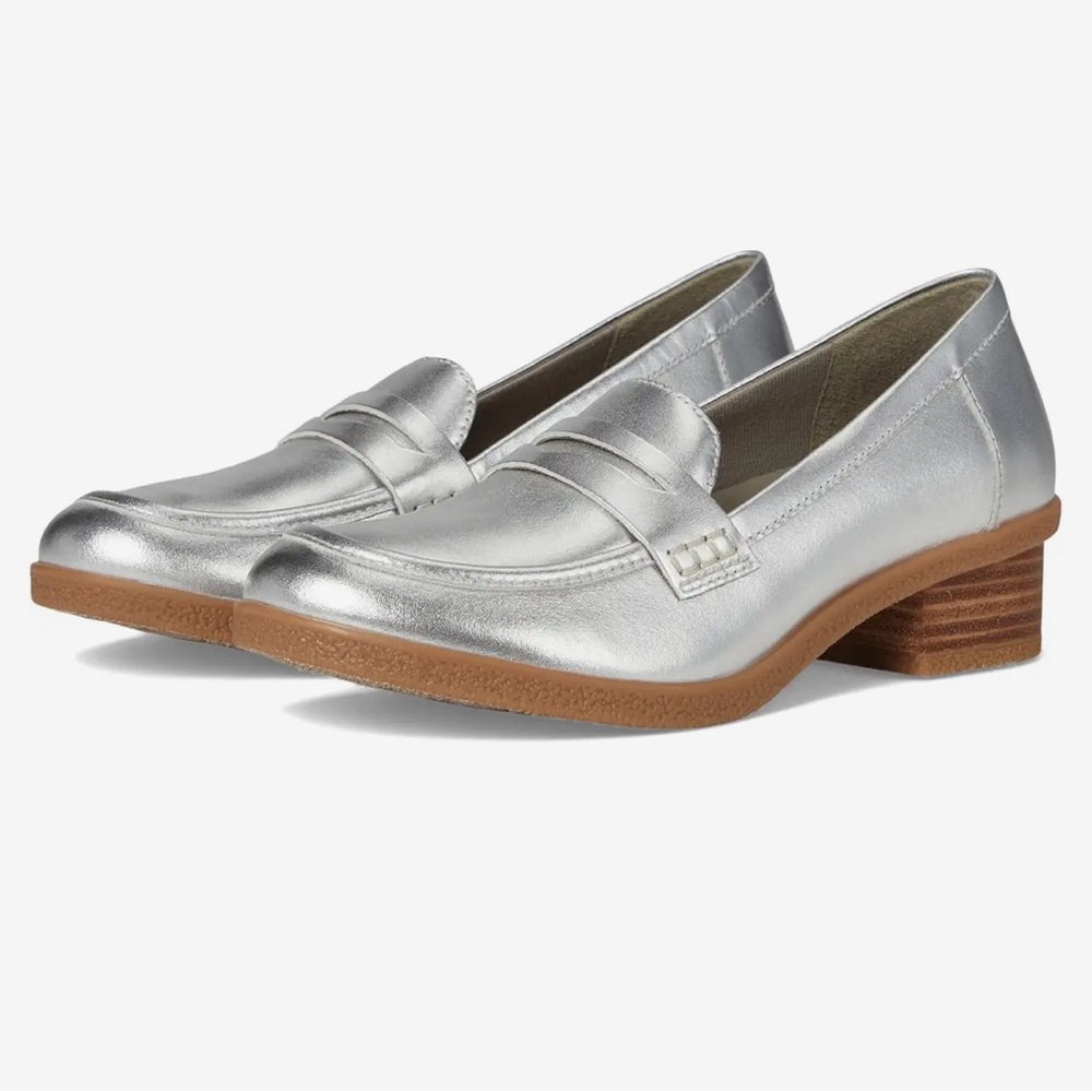 Dansko Silver Loafers with Brown Heel